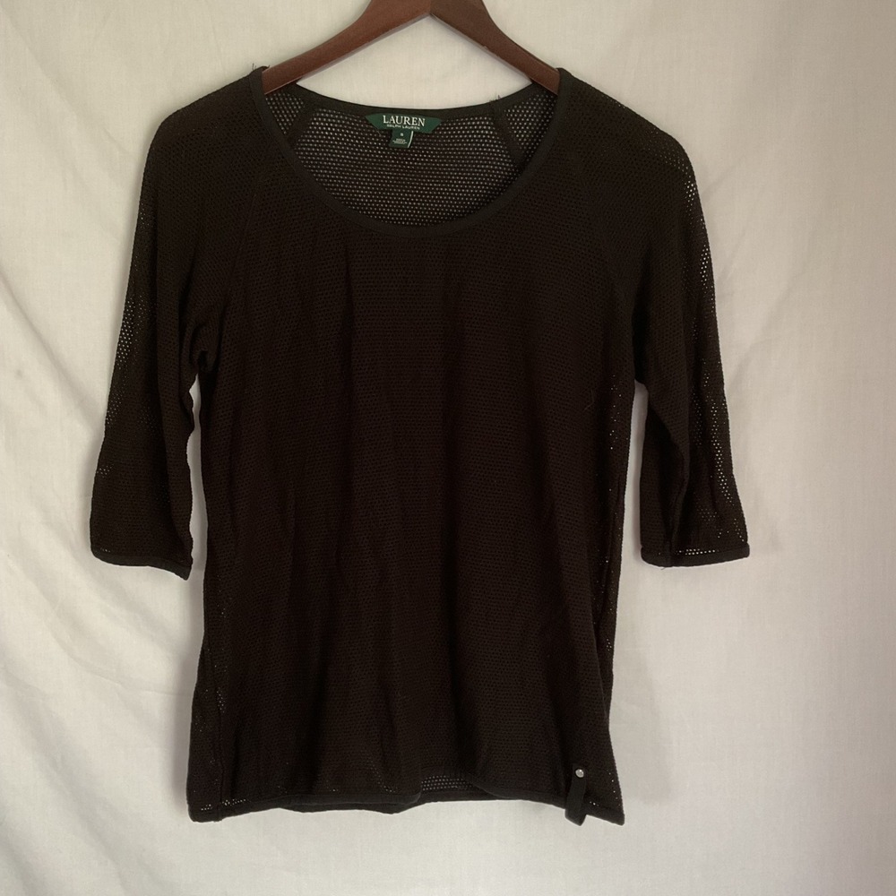 Lauren Ralph Lauren Knit Top Mesh 3/4 Sleeve Blouse Black Small